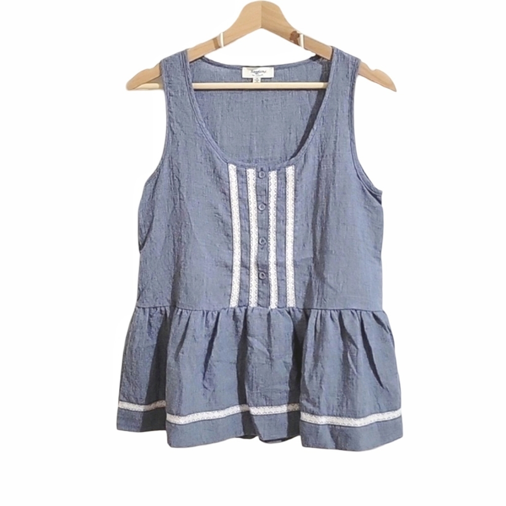 Hayden Los Angeles Blue & White Chambray Lace Trim Sleeveless Peplum Top Size S